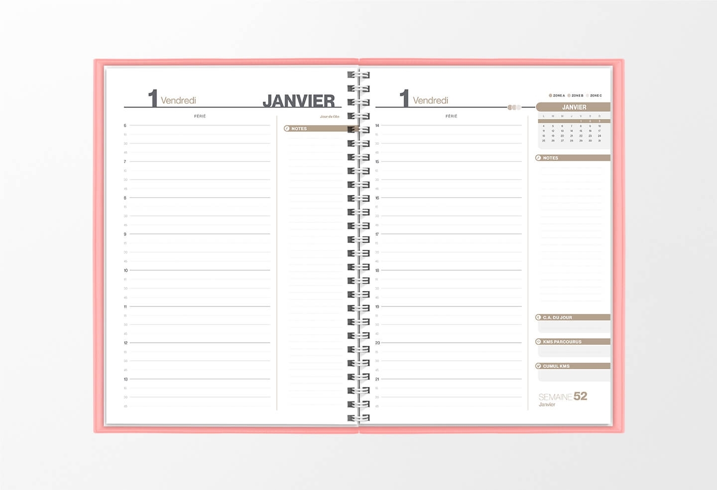 Pages intérieures agenda journalier infirmière 1 jour sur 2 pages — grille horaire IDEL