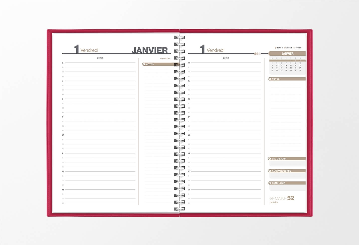 Pages intérieures agenda journalier infirmière rose framboise 1 jour sur 2 pages — grille horaire IDEL