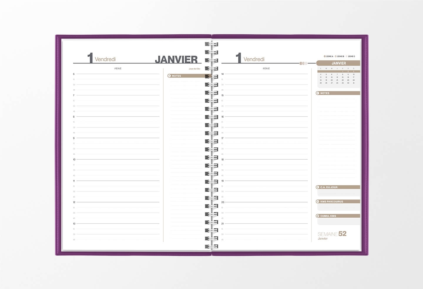 Pages intérieures agenda journalier infirmière violet 1 jour sur 2 pages — grille horaire IDEL