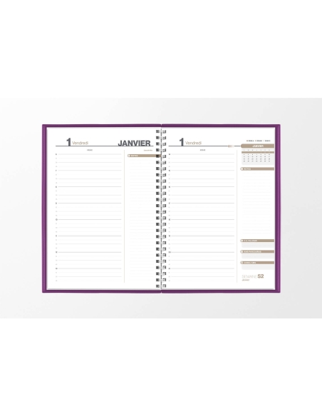 Pages intérieures agenda journalier infirmière violet 1 jour sur 2 pages — grille horaire IDEL