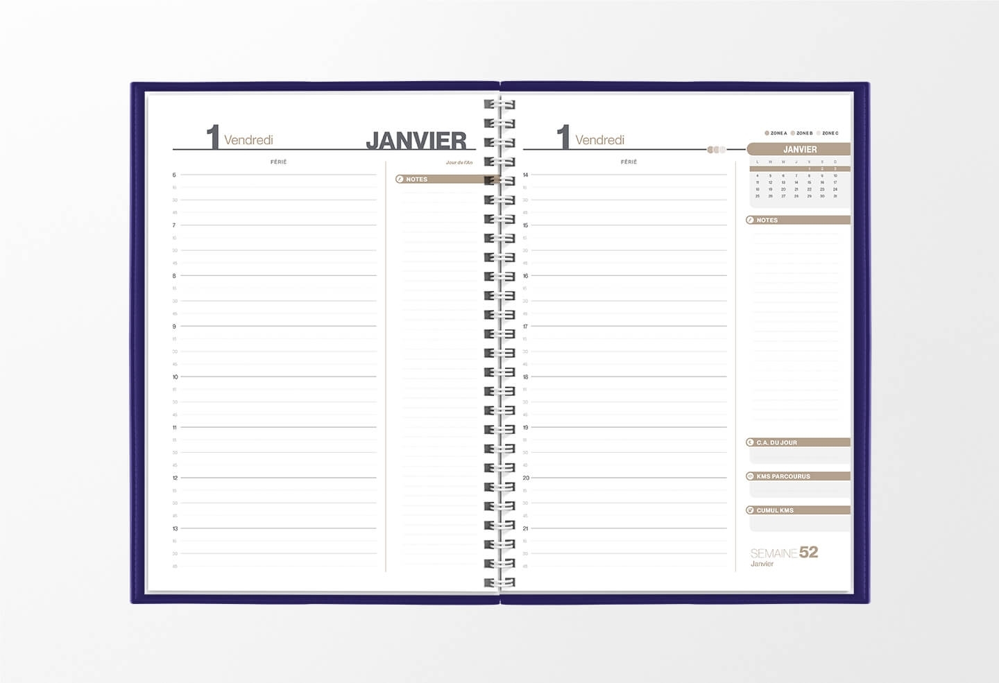 Pages intérieures agenda journalier infirmière violet encre 1 jour sur 2 pages — grille horaire IDEL