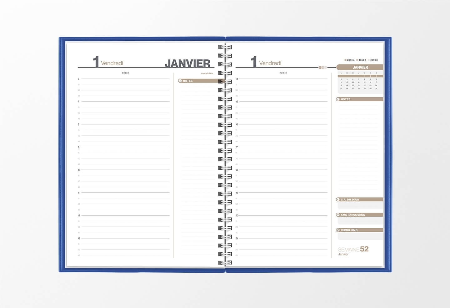 Pages intérieures agenda journalier infirmière bleu ardoise 1 jour sur 2 pages — grille horaire IDEL