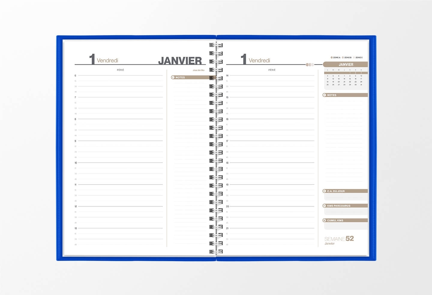 Pages intérieures agenda journalier infirmière bleu roi 1 jour sur 2 pages — grille horaire IDEL