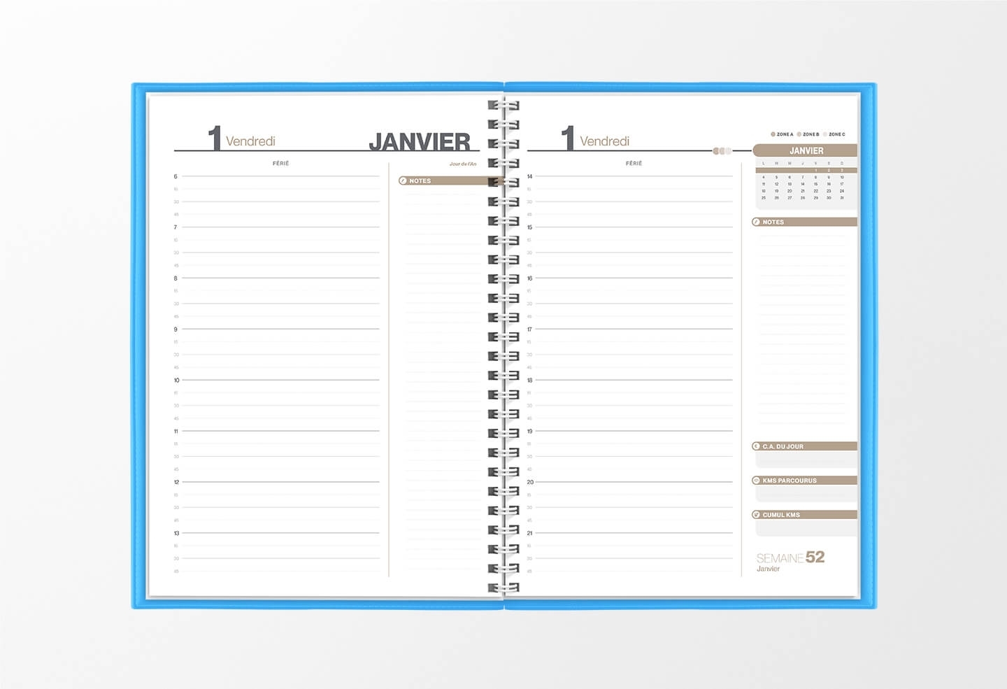 Pages intérieures agenda journalier infirmière bleu azur 1 jour sur 2 pages — grille horaire IDEL