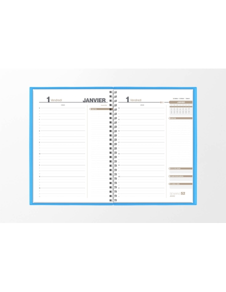 Pages intérieures agenda journalier infirmière bleu azur 1 jour sur 2 pages — grille horaire IDEL