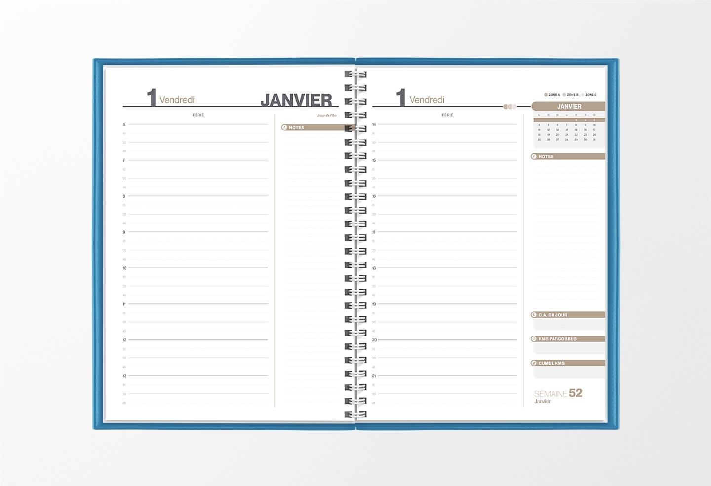 Pages intérieures agenda journalier infirmière bleu lagon 1 jour sur 2 pages — grille horaire IDEL