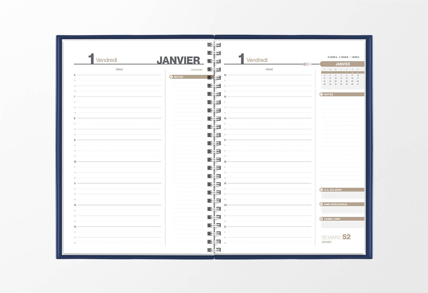 Pages intérieures agenda journalier infirmière bleu encre 1 jour sur 2 pages — grille horaire IDEL