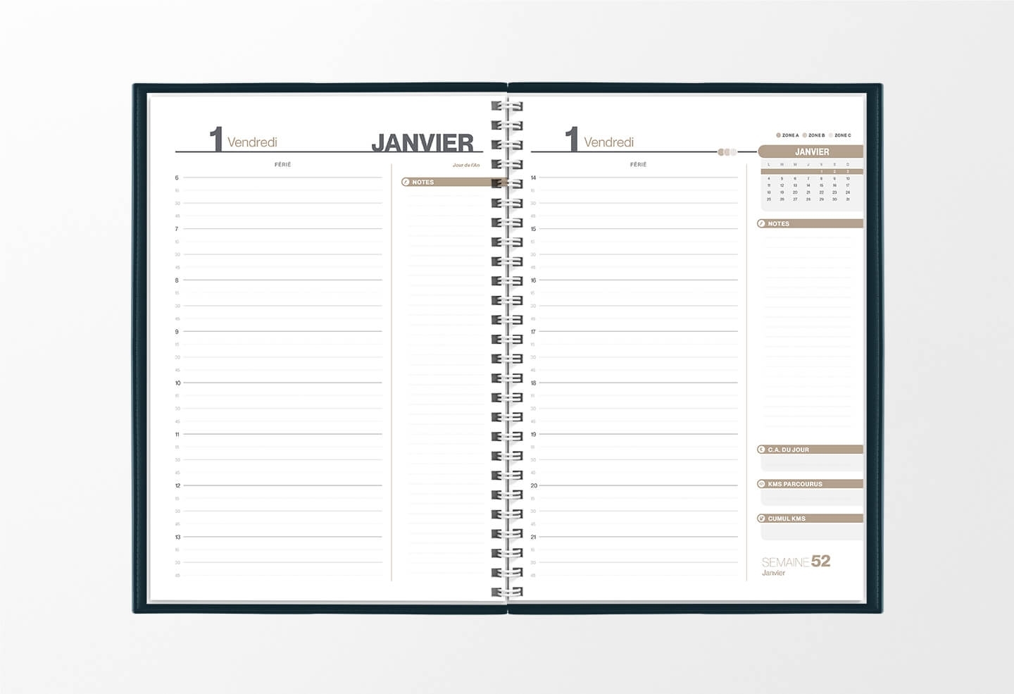 Pages intérieures agenda journalier infirmière bleu pétrole 1 jour sur 2 pages — grille horaire IDEL