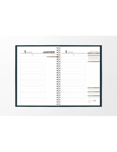 Pages intérieures agenda journalier infirmière bleu pétrole 1 jour sur 2 pages — grille horaire IDEL