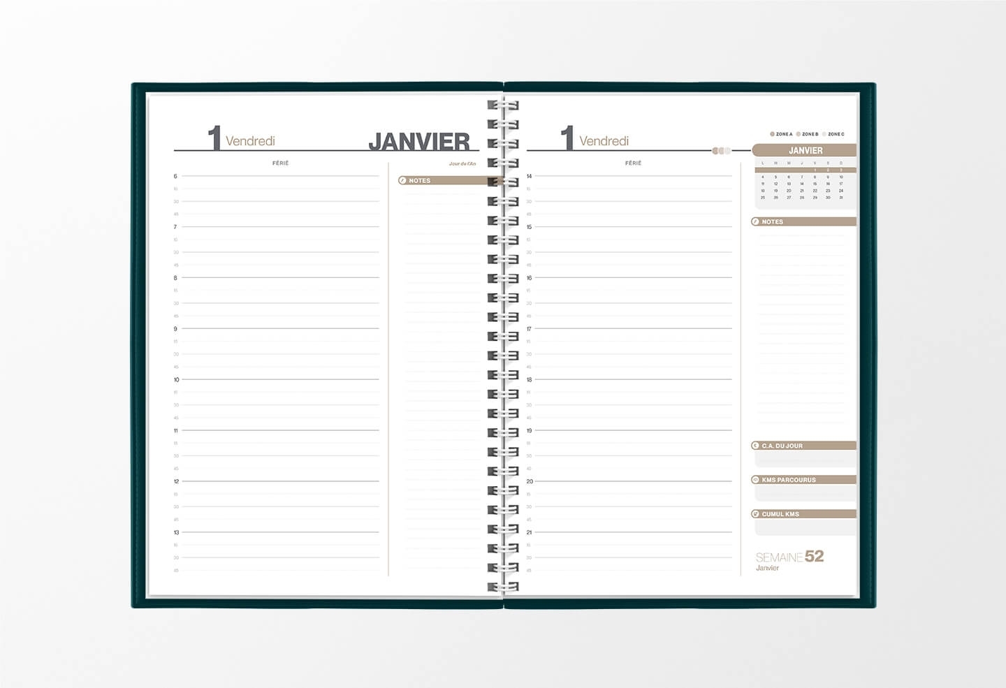 Pages intérieures agenda journalier infirmière vert pétrole 1 jour sur 2 pages — grille horaire IDEL