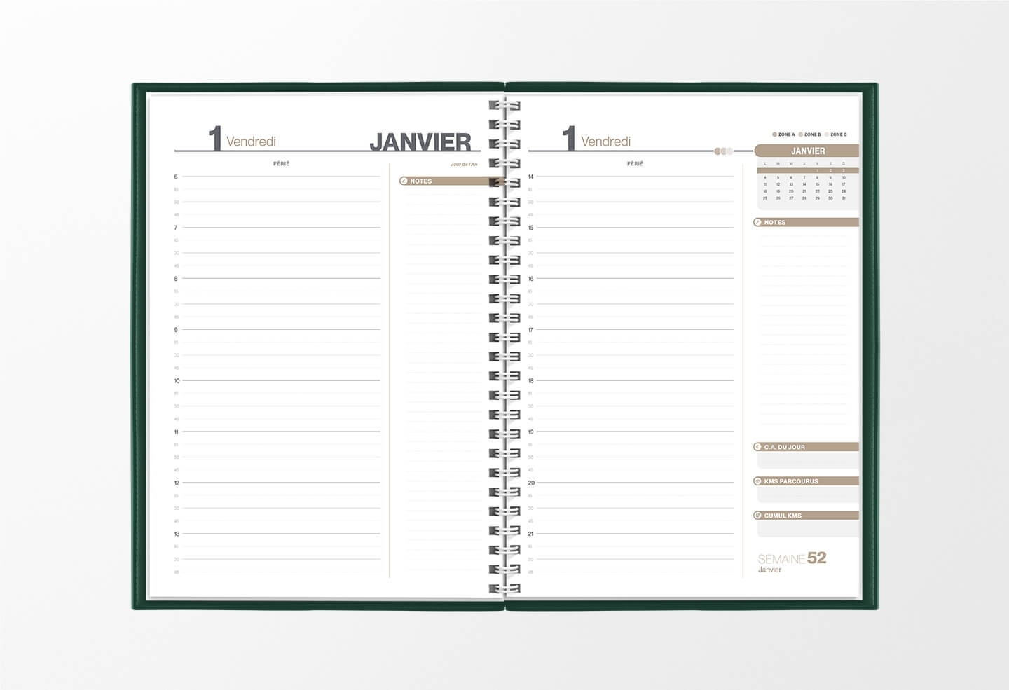 Pages intérieures agenda journalier infirmière vert sapin 1 jour sur 2 pages — grille horaire IDEL