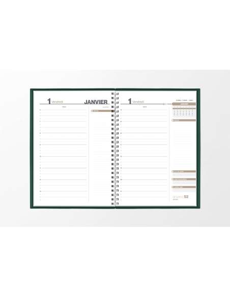 Pages intérieures agenda journalier infirmière vert sapin 1 jour sur 2 pages — grille horaire IDEL