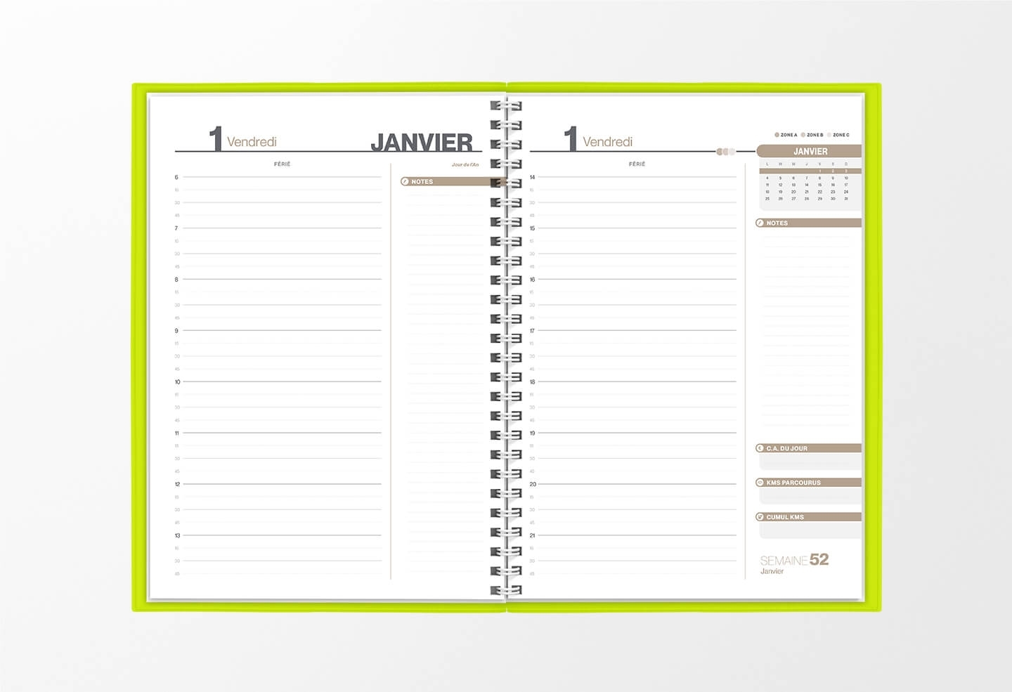 Pages intérieures agenda journalier infirmière vert pomme 1 jour sur 2 pages — grille horaire IDEL