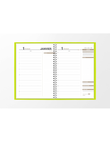 Pages intérieures agenda journalier infirmière vert pomme 1 jour sur 2 pages — grille horaire IDEL