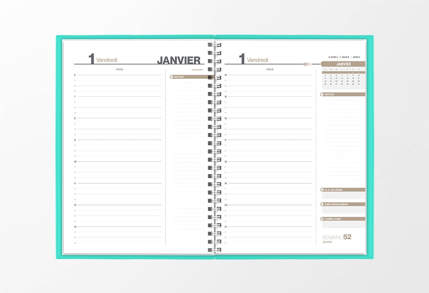 Pages intérieures agenda journalier infirmière vert aqua 1 jour sur 2 pages — grille horaire IDEL