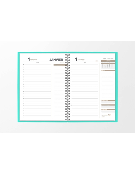 Pages intérieures agenda journalier infirmière vert d'eau 1 jour sur 2 pages — grille horaire IDEL