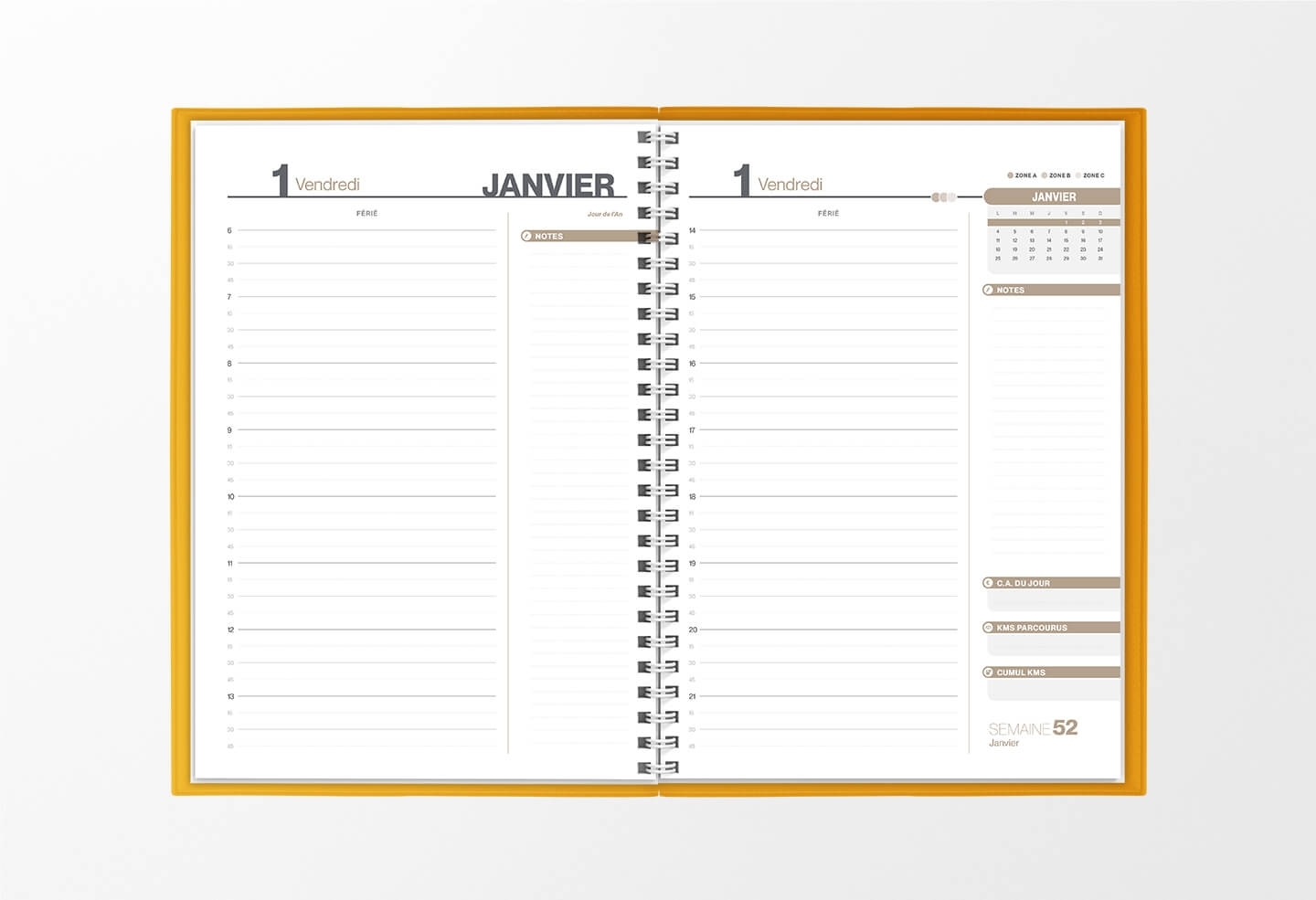 Pages intérieures agenda journalier infirmière or 1 jour sur 2 pages — grille horaire IDEL