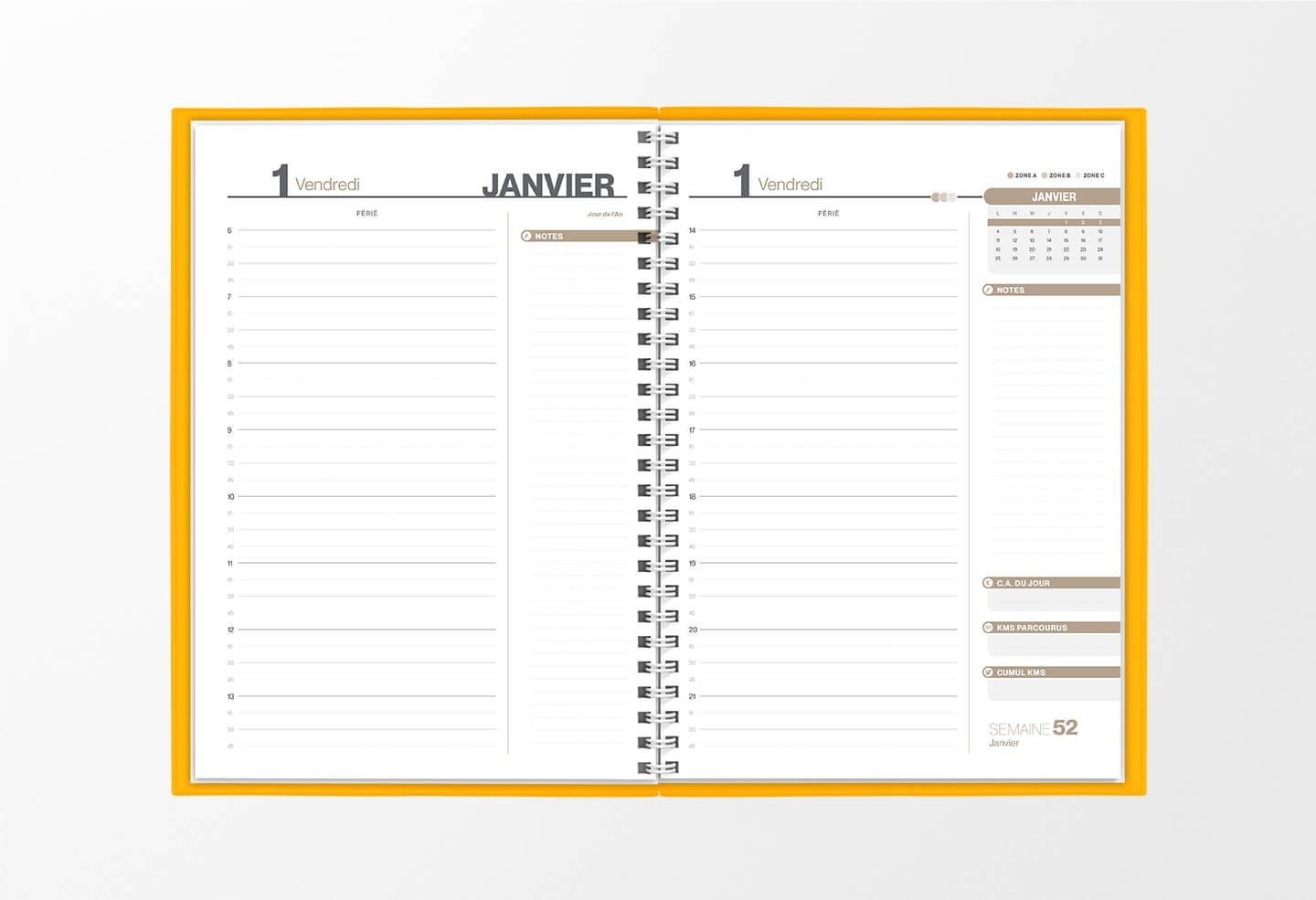 Pages intérieures agenda journalier infirmière jaune safran 1 jour sur 2 pages — grille horaire IDEL