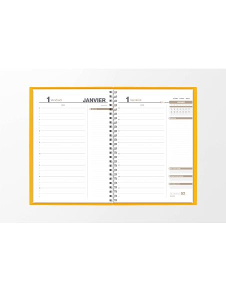 Pages intérieures agenda journalier infirmière jaune safran 1 jour sur 2 pages — grille horaire IDEL