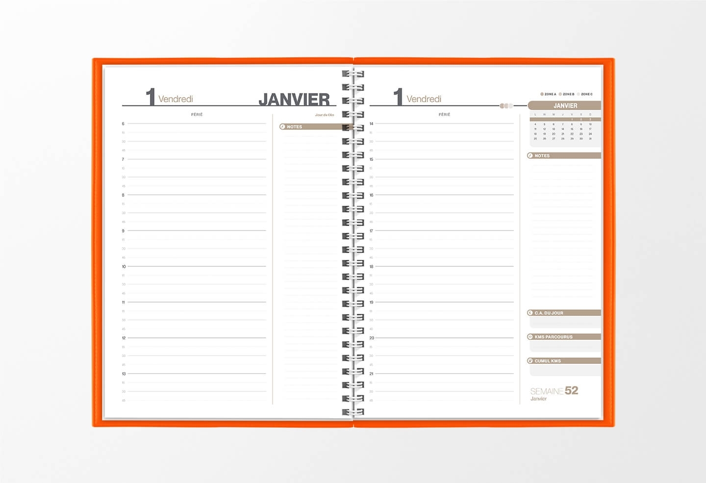 Pages intérieures agenda journalier infirmière orange 1 jour sur 2 pages — grille horaire IDEL