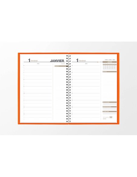 Pages intérieures agenda journalier infirmière orange 1 jour sur 2 pages — grille horaire IDEL