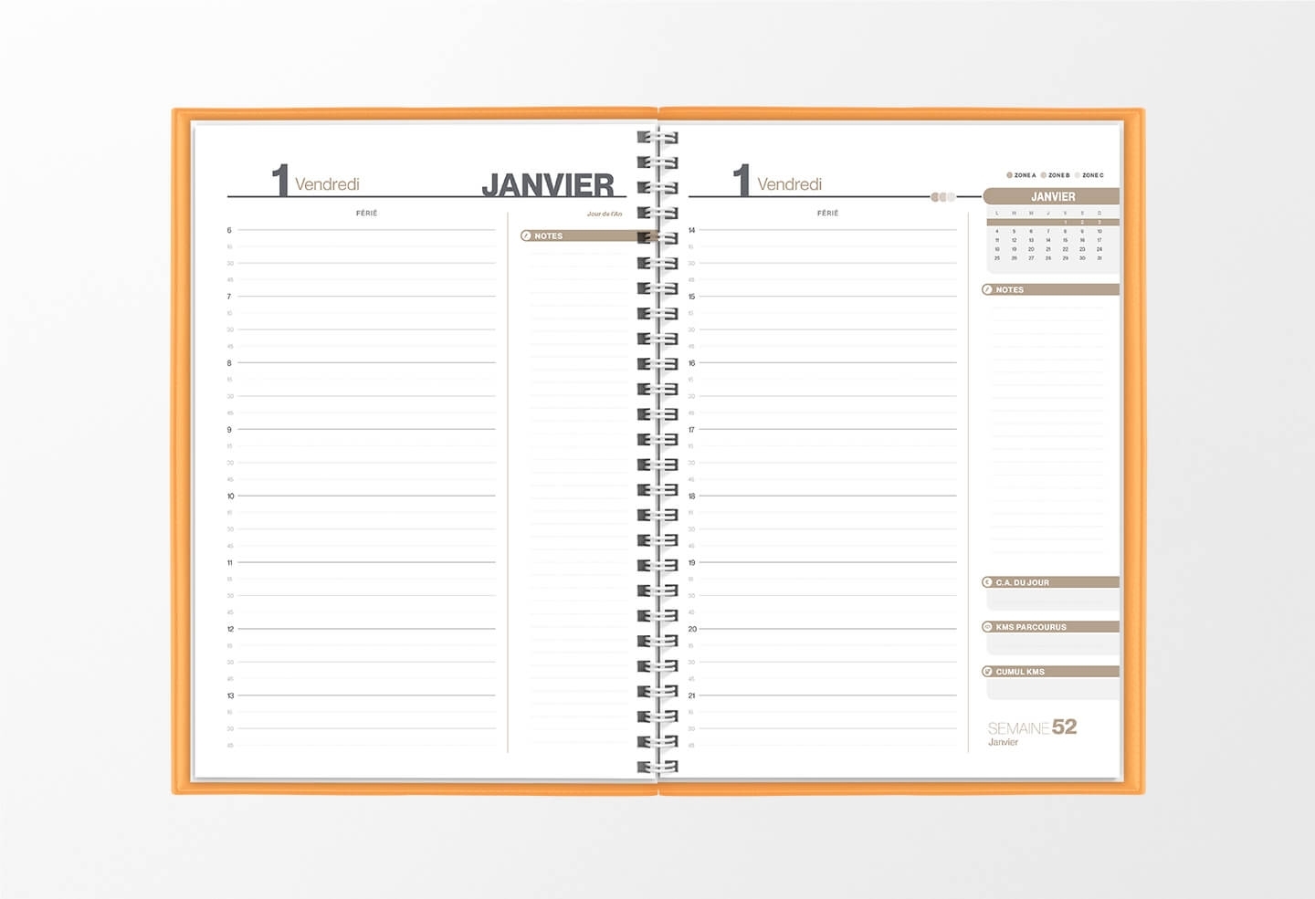 Pages intérieures agenda journalier infirmière pêche 1 jour sur 2 pages — grille horaire IDEL