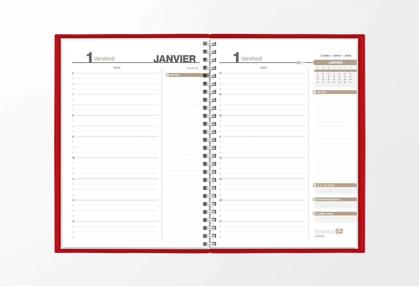 Pages intérieures agenda journalier infirmière rouge marbré 1 jour sur 2 pages — grille horaire IDEL