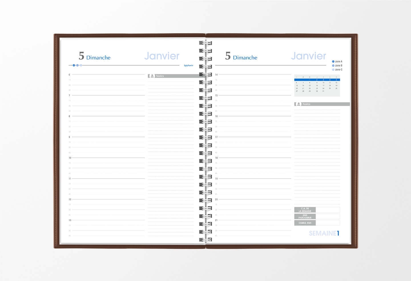 Pages intérieures agenda journalier infirmière chocolat 1 jour sur 2 pages — grille horaire IDEL