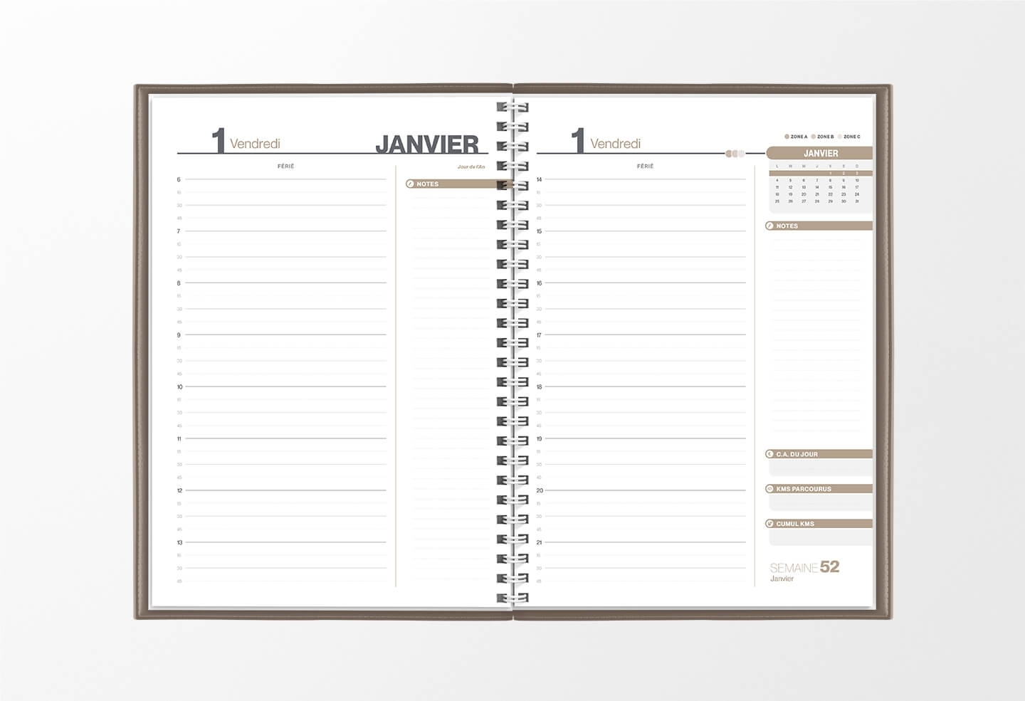 Pages intérieures agenda journalier infirmière marron taupe 1 jour sur 2 pages — grille horaire IDEL