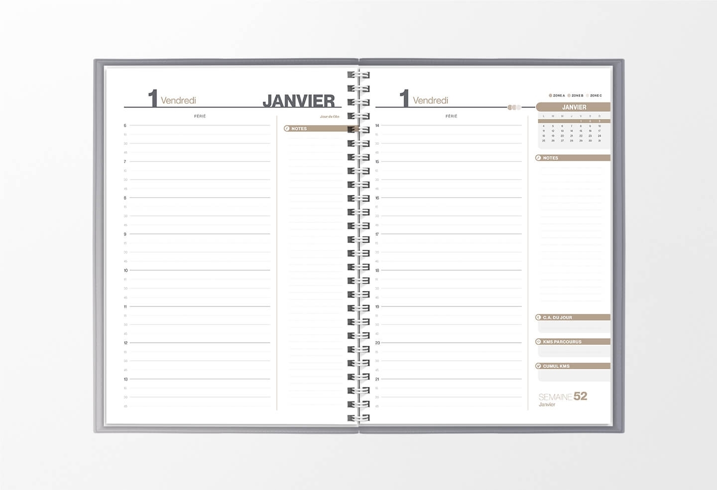 Pages intérieures agenda journalier infirmière argent 1 jour sur 2 pages — grille horaire IDEL