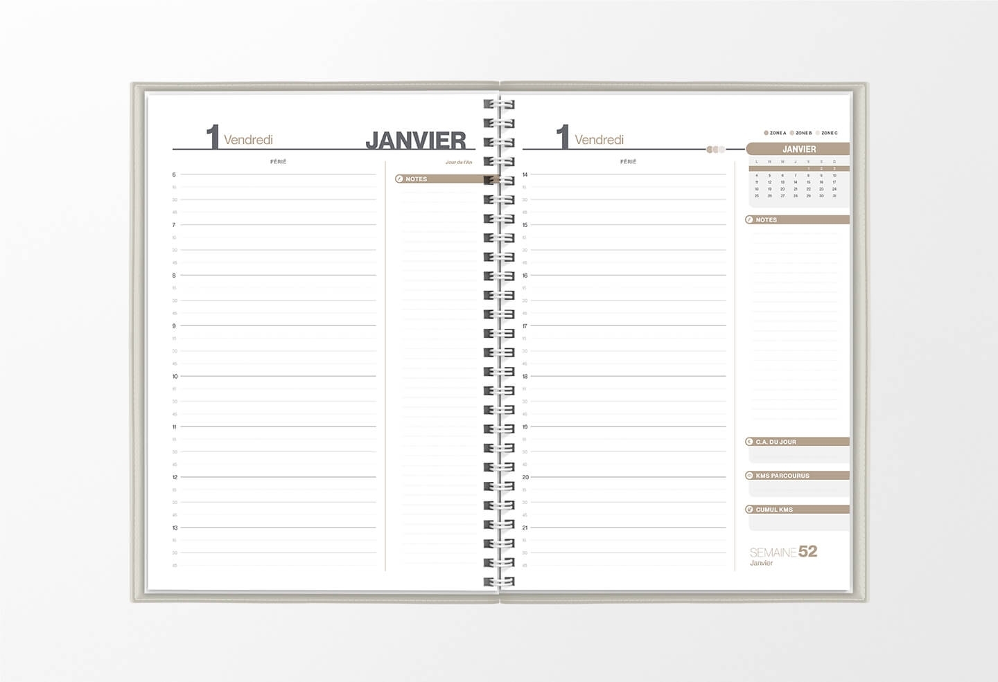 Pages intérieures agenda journalier infirmière gris souris 1 jour sur 2 pages — grille horaire IDEL