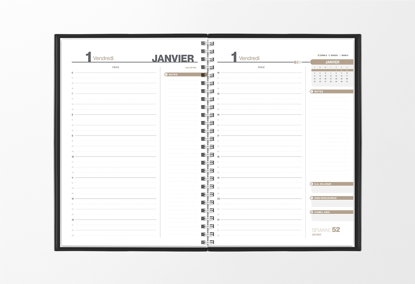 Pages intérieures agenda journalier infirmière noir 1 jour sur 2 pages — grille horaire IDEL