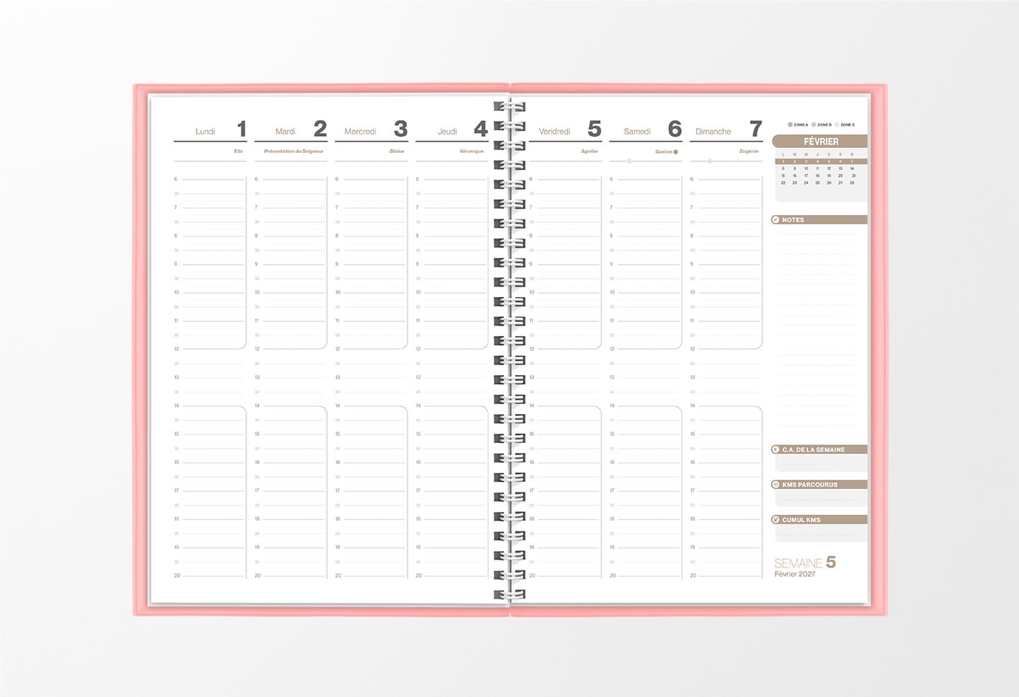 Pages intérieures agenda semainier infirmière rose pastel 1 semaine sur 2 pages — grille horaire IDEL