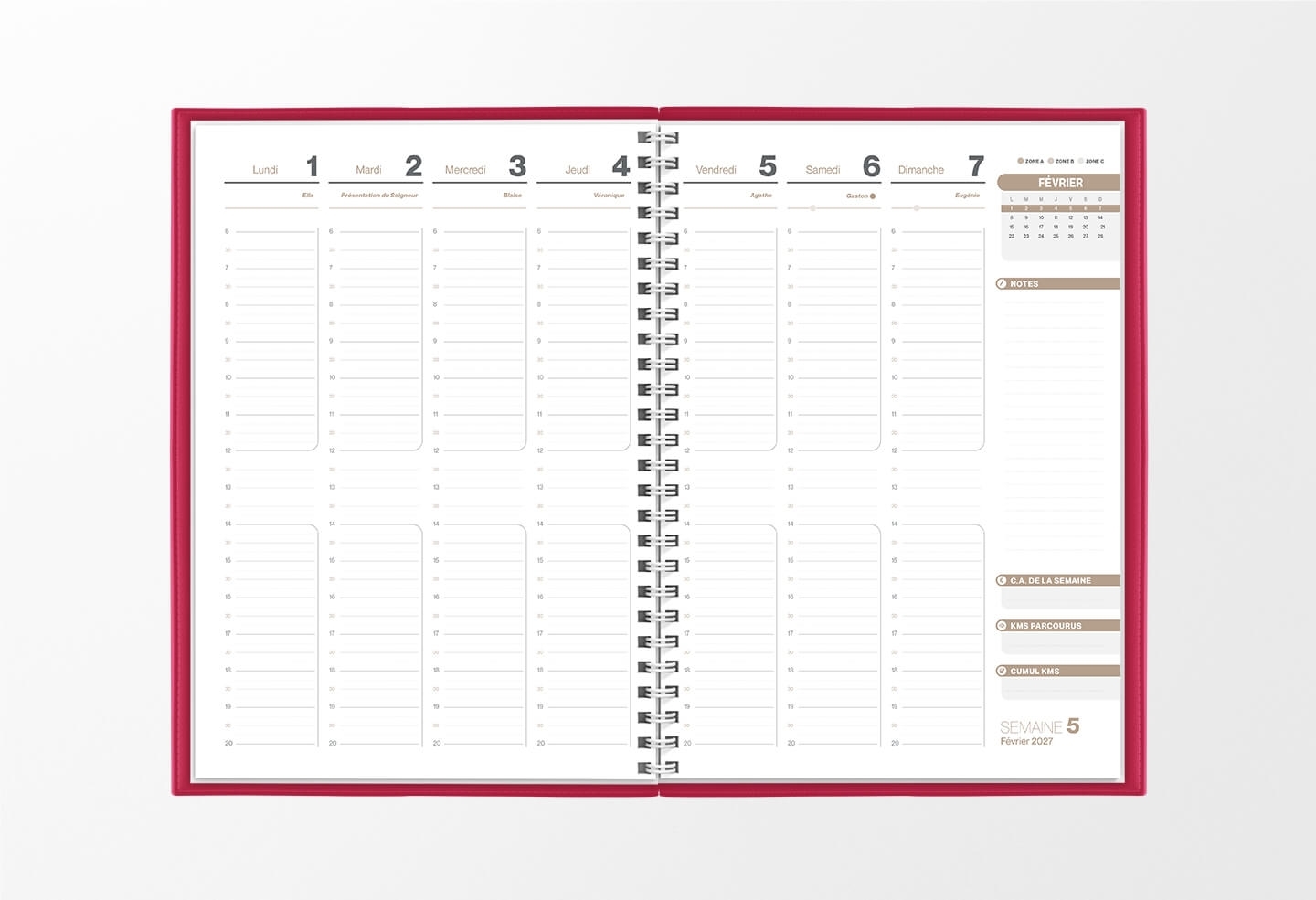 Pages intérieures agenda semainier infirmière rose framboise 1 semaine sur 2 pages — grille horaire IDEL