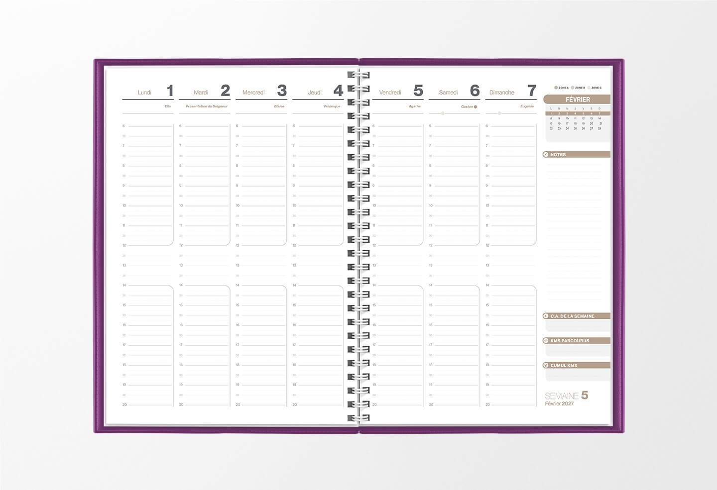 Pages intérieures agenda semainier infirmière violet 1 semaine sur 2 pages — grille horaire IDEL