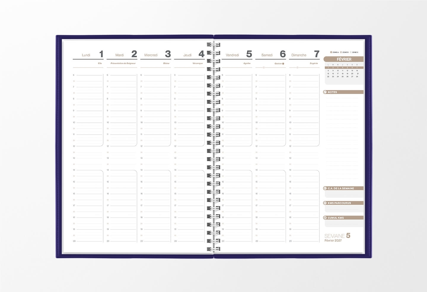 Pages intérieures agenda semainier infirmière violet encre 1 semaine sur 2 pages — grille horaire IDEL