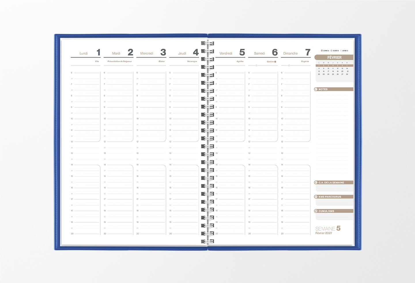 Pages intérieures agenda semainier infirmière bleu ardoise 1 semaine sur 2 pages — grille horaire IDEL