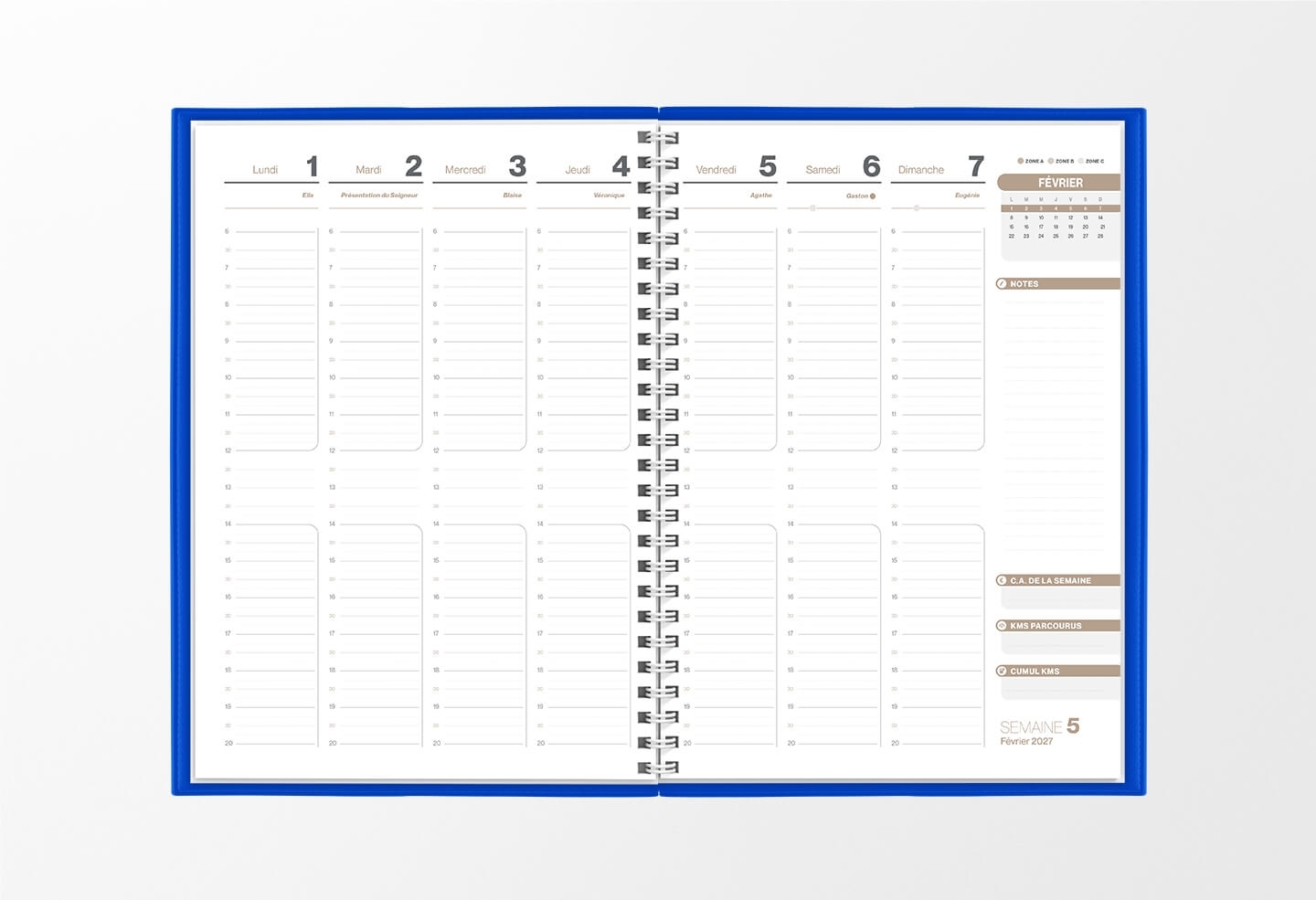 Pages intérieures agenda semainier infirmière bleu roi 1 semaine sur 2 pages — grille horaire IDEL