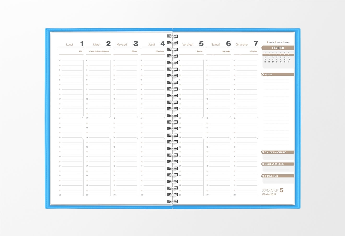 Pages intérieures agenda semainier infirmière bleu azur 1 semaine sur 2 pages — grille horaire IDEL