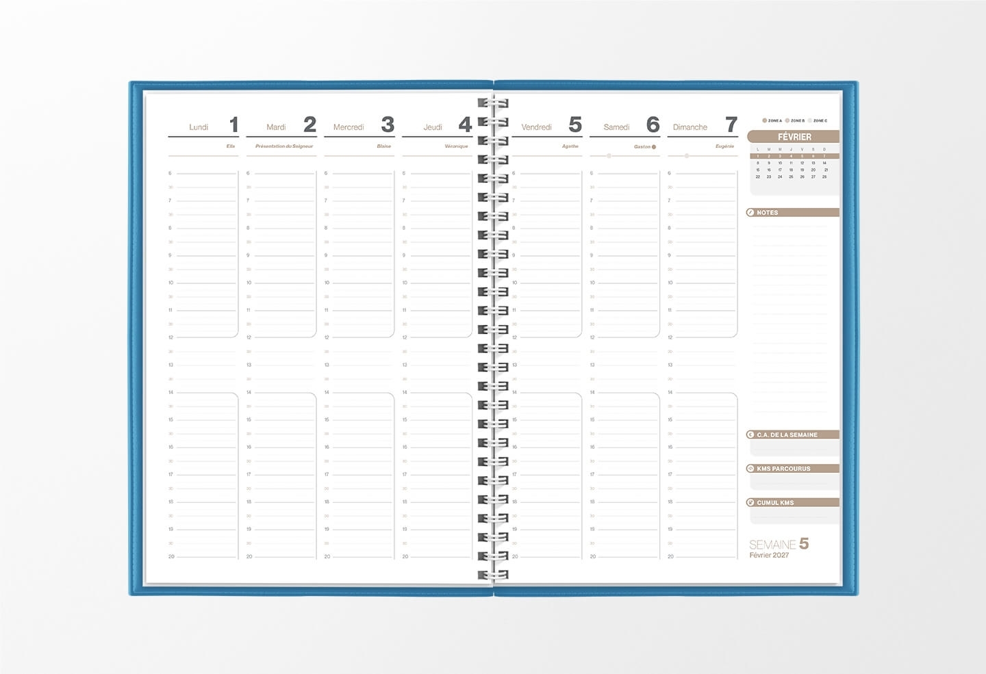 Pages intérieures agenda semainier infirmière bleu lagon 1 semaine sur 2 pages — grille horaire IDEL