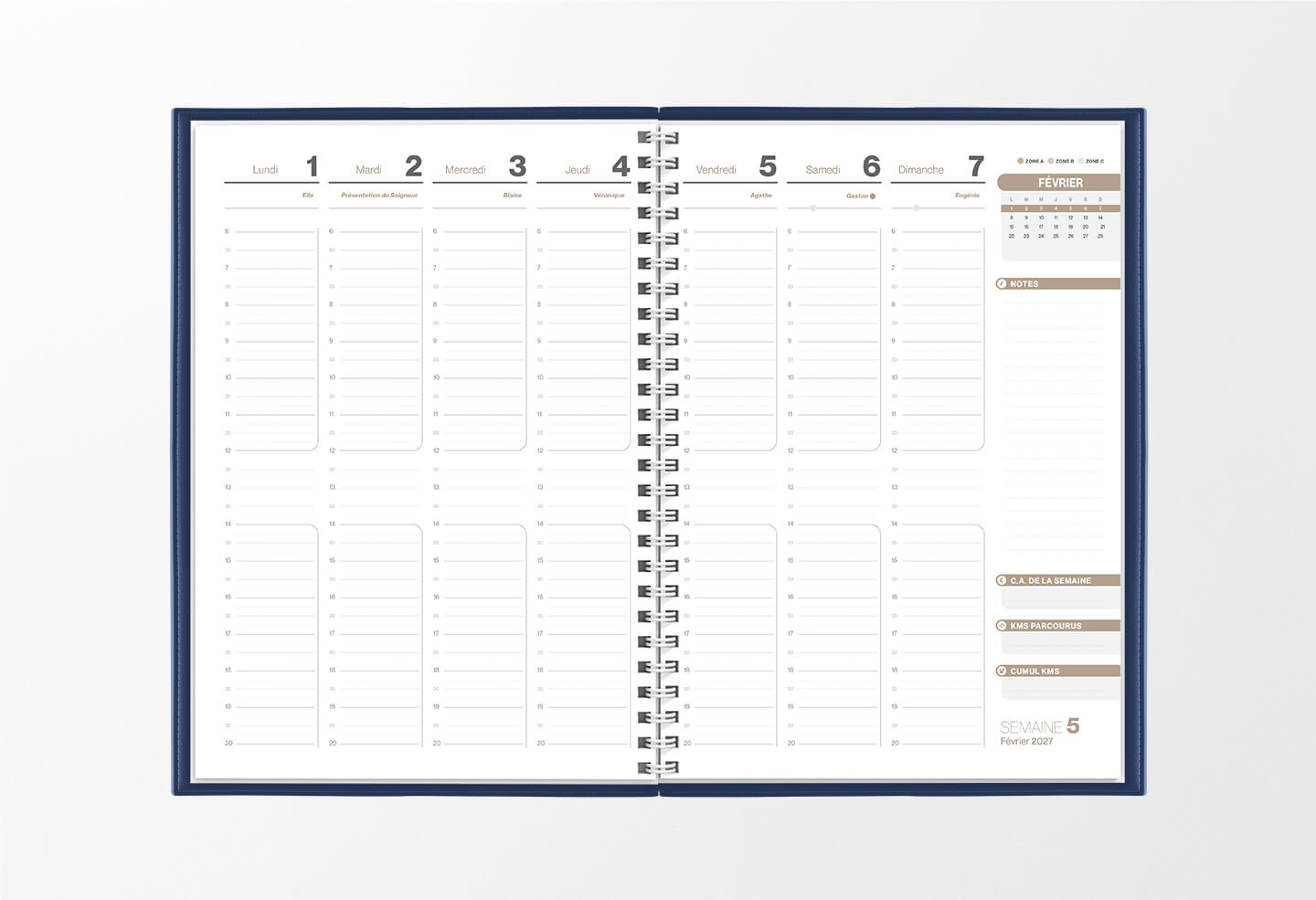 Pages intérieures agenda semainier infirmière bleu encre 1 semaine sur 2 pages — grille horaire IDEL