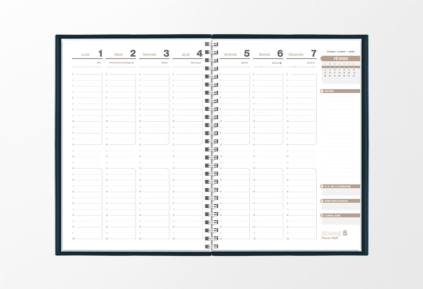 Pages intérieures agenda semainier infirmière bleu pétrole 1 semaine sur 2 pages — grille horaire IDEL