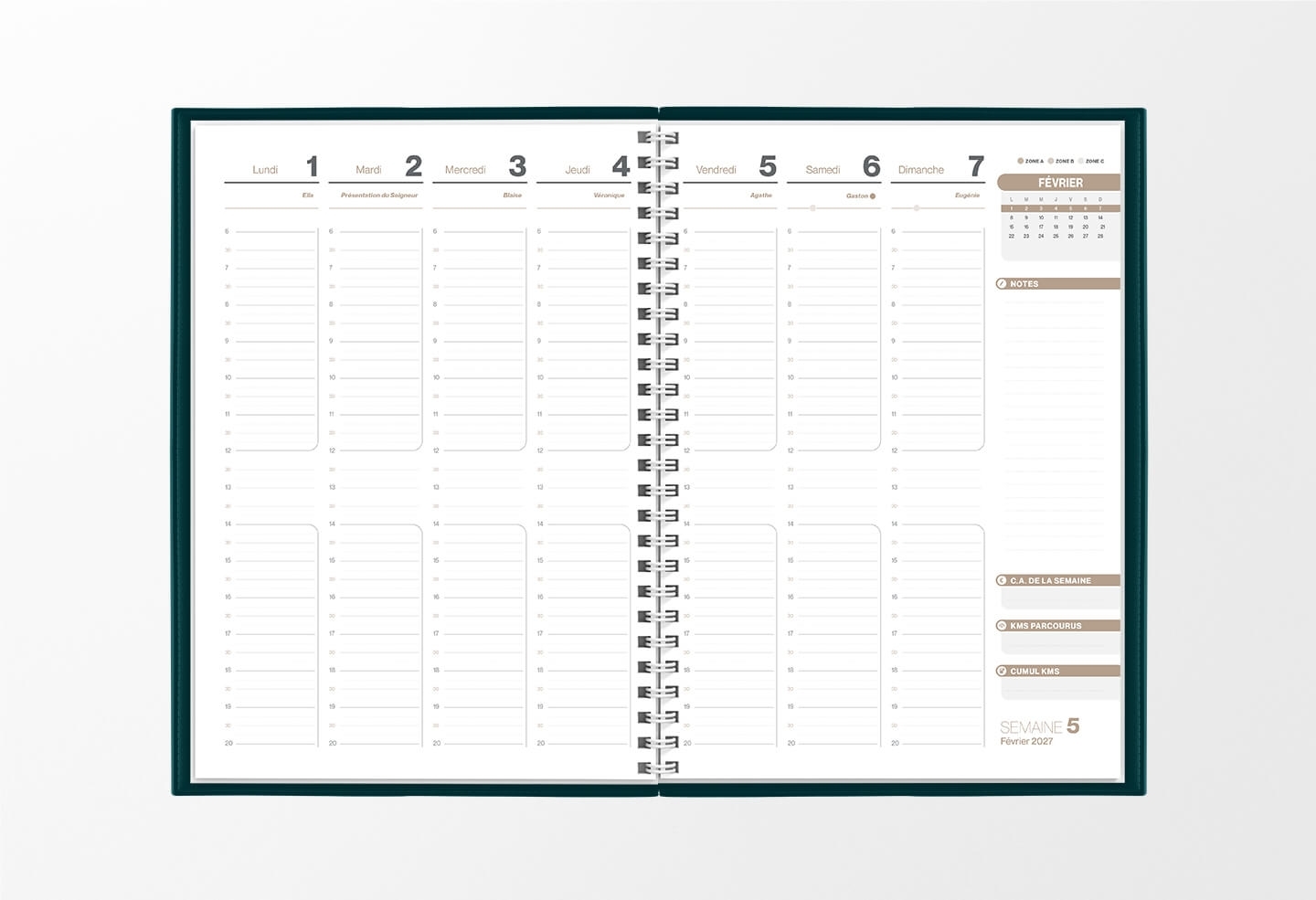 Pages intérieures agenda semainier infirmière vert pétrole 1 semaine sur 2 pages — grille horaire IDEL