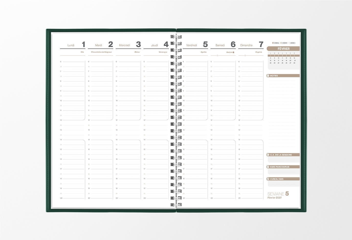 Pages intérieures agenda semainier infirmière vert sapin 1 semaine sur 2 pages — grille horaire IDEL