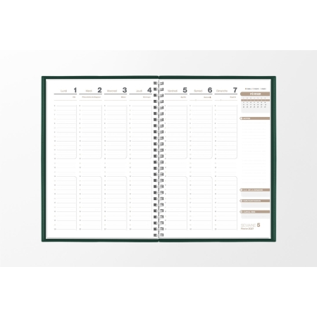 Pages intérieures agenda semainier infirmière vert sapin 1 semaine sur 2 pages — grille horaire IDEL