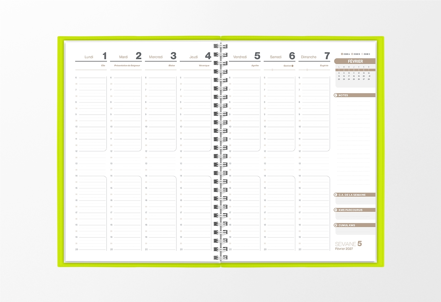 Pages intérieures agenda semainier infirmière vert pomme 1 semaine sur 2 pages — grille horaire IDEL
