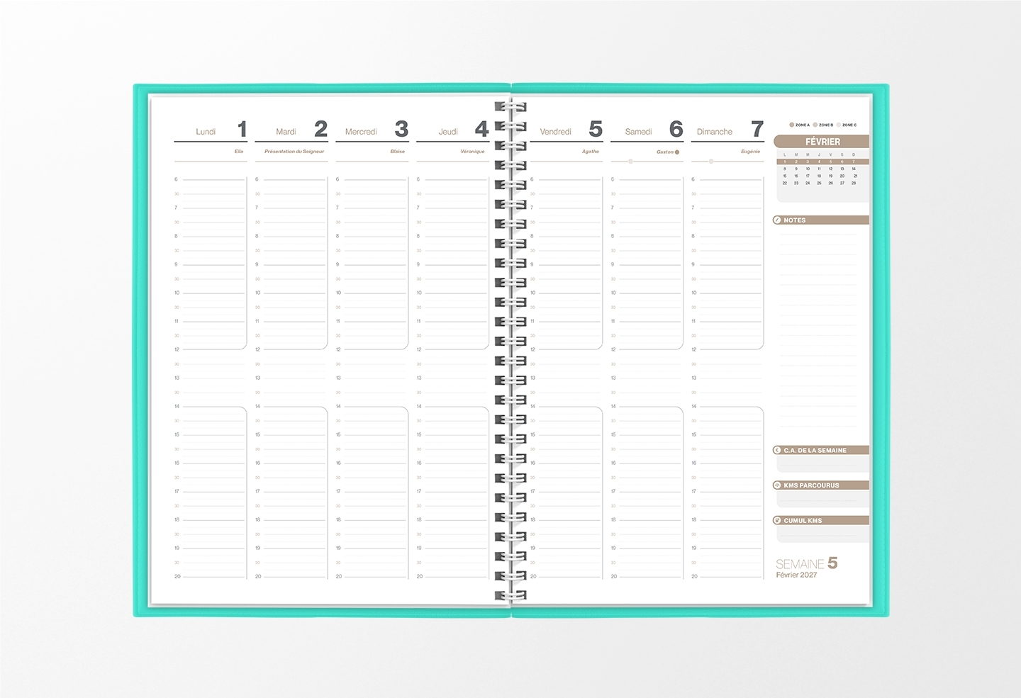 Pages intérieures agenda semainier infirmière vert aqua 1 semaine sur 2 pages — grille horaire IDEL