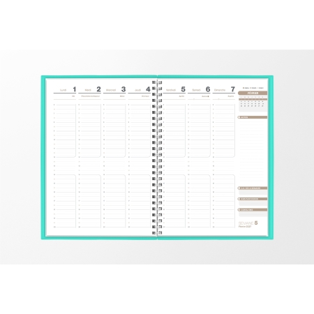 Pages intérieures agenda semainier infirmière vert aqua 1 semaine sur 2 pages — grille horaire IDEL