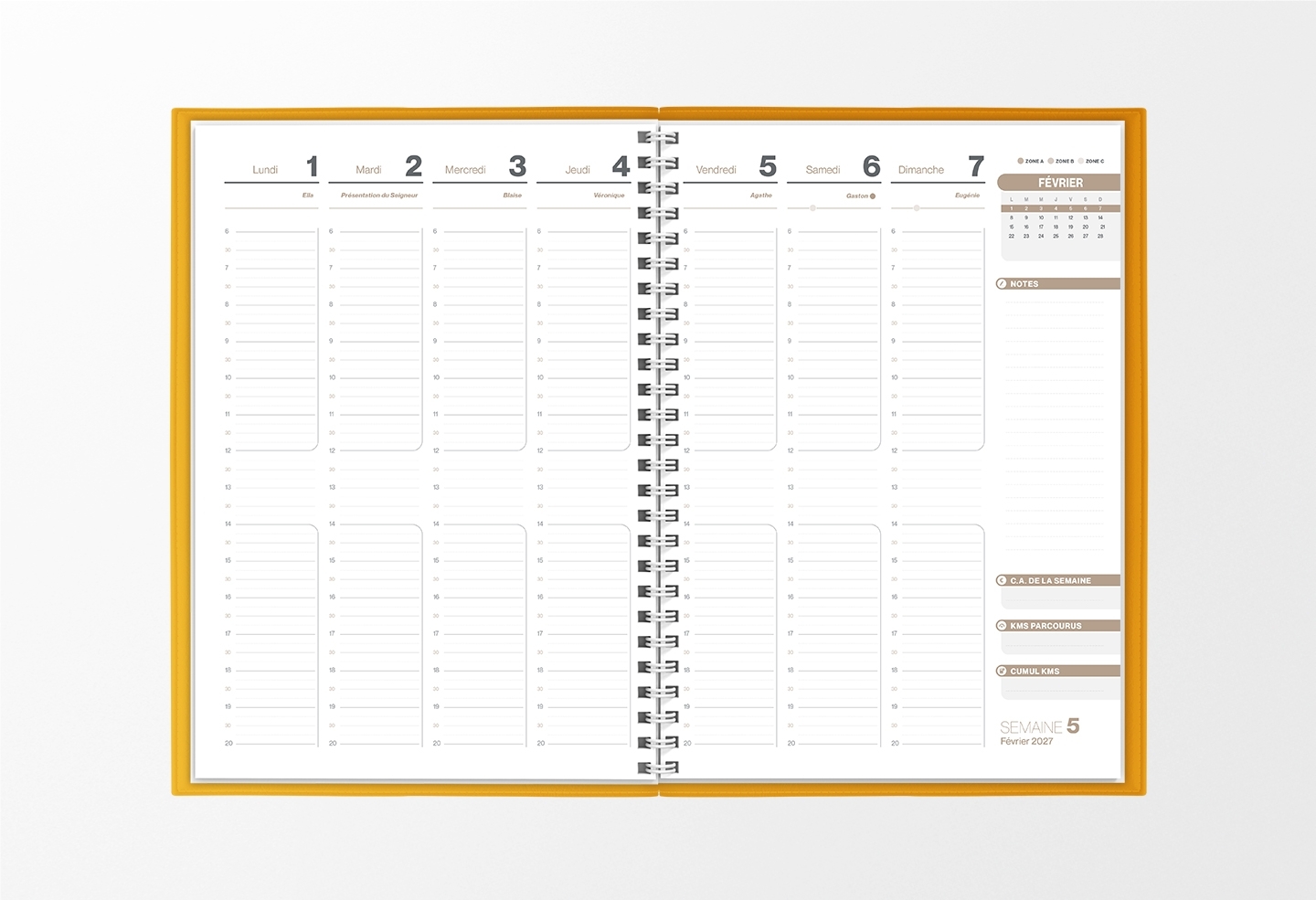 Pages intérieures agenda semainier infirmière or 1 semaine sur 2 pages — grille horaire IDEL