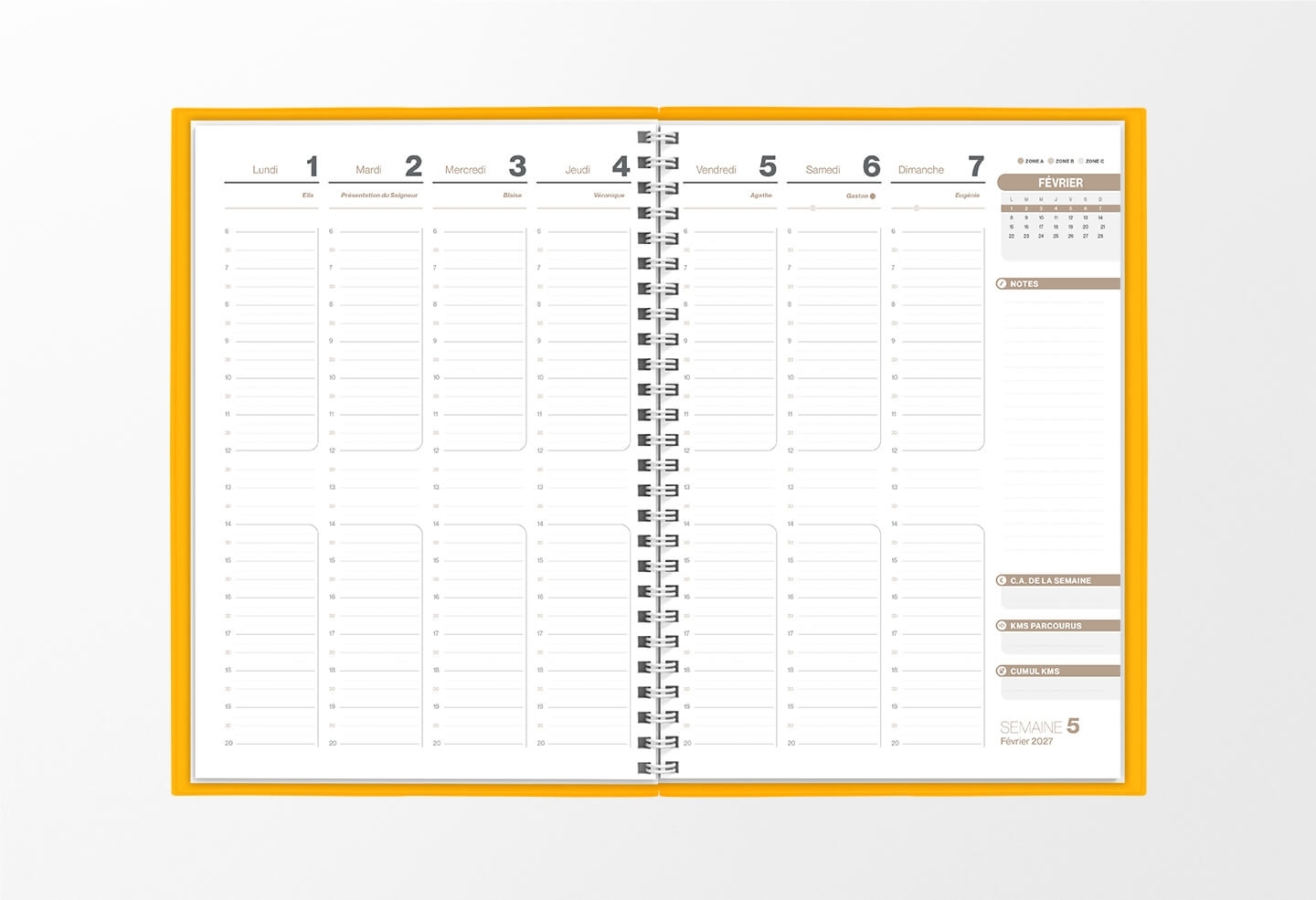 Pages intérieures agenda semainier infirmière jaune safran 1 semaine sur 2 pages — grille horaire IDEL